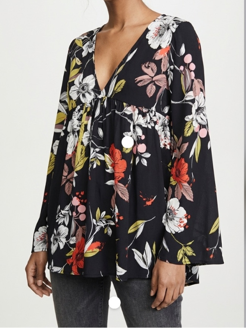 Free People Bella floral black print bell sleeve blouse Sz M